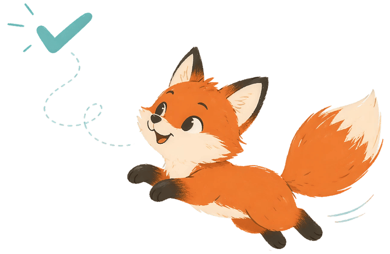 A friendly orange fox leaping to catch a teal checkmark, the CheckFox mascot